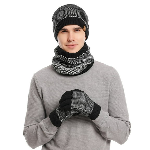 Xfvqtps Men Hat Scarf Glove Set with Plush Lined Winter Warm Knit Stretchy Extended Beanie Neck Warmer Gloves for Men Gray