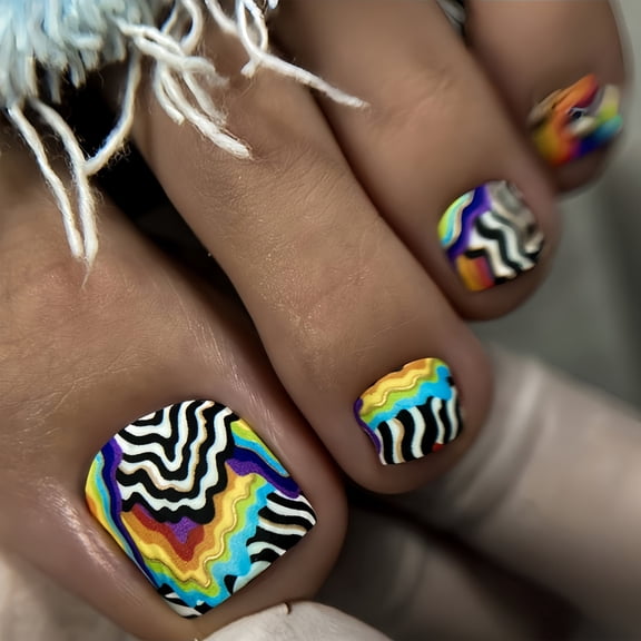 KUFptva Square Fake Toenails Colorful Stripe Press on Toe Nails Acrylic False Toes Nails Artificial Toenail Full Covers Toenail