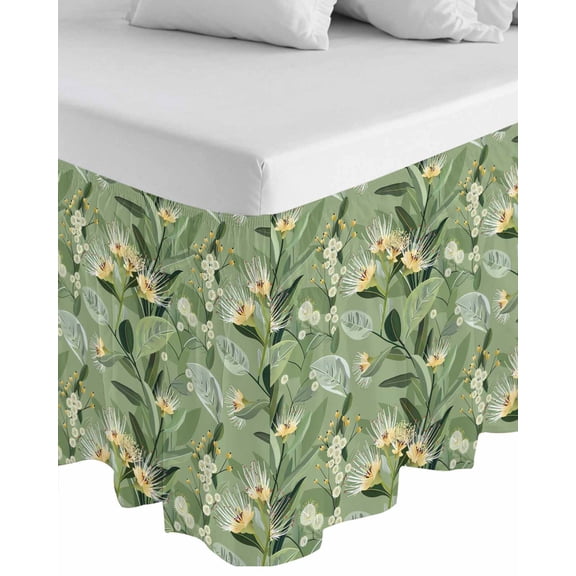 Green Summer Botanical Wrap Around Bed Skirts for California King Bed 18" Drop,Bed Skirt with Adjustable Elastic Belt Dust Ruffle Bed Valance for Bedroom Hotel Yellow Spring Floral Bed Frame Cover