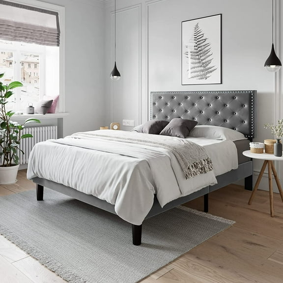 Allewie Full Size Bed Frame, Velvet Upholstered Platform Bed with Adjustable Diamond Button Tufted & Nailhead Trim Headboard, Light Grey