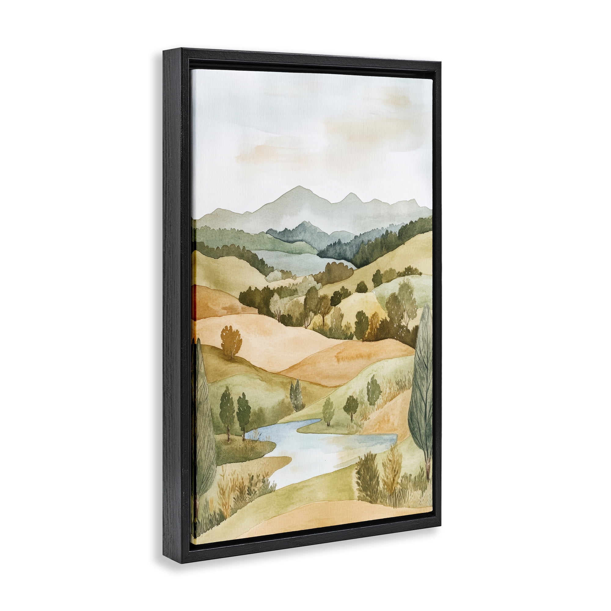 Stupell Industries Watercolor Hills & Tranquil Valley Black Framed Floater Canvas Wall Art, design by Petal Prints Design