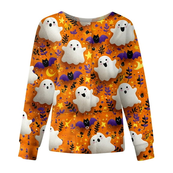 Homozy Halloween Pumpkin Scrub Jackets Woman Long Sleeve Button Down Scrub Jackets with Pockets Snap Front Graphic Nurse Working Uniform Orange 3XL