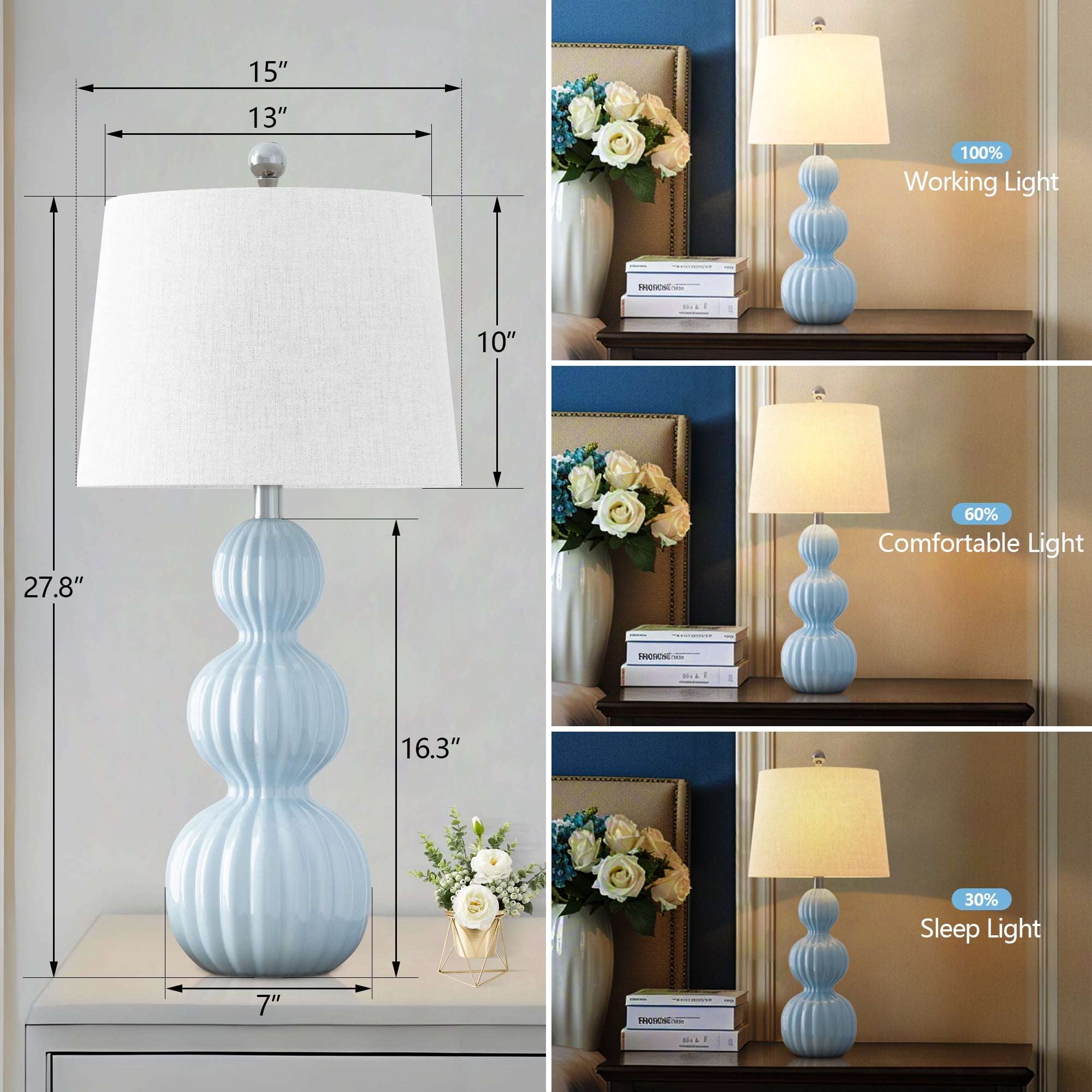 Maxax Blue Ceramic Table Lamps Set of 2, 28-Inch Triple Gourd Design with White Shade for Living Room, Bedroom, Office