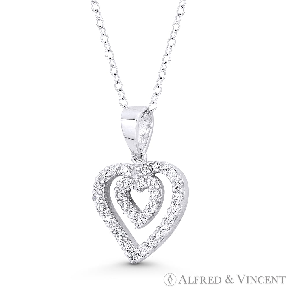 Cubic Zirconia Double Love Heart Pendant 925 Sterling Silver Rhodium-Plated CZ