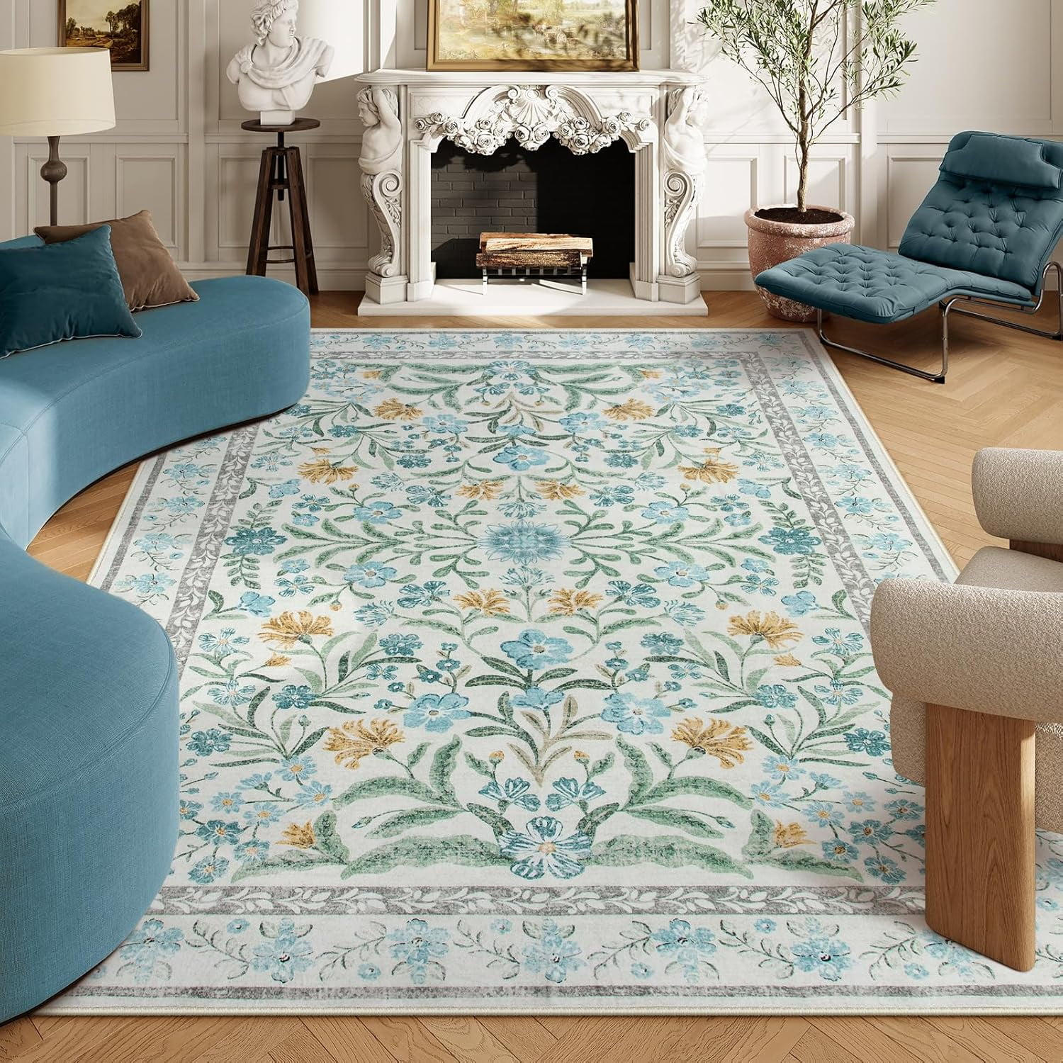 Moynesa 8'x10' Light Blue Bedroom Rug Under Bed, Boho Washable Rugs for Living Room, Soft Wool Rug for Home Office, Vintage Low Pile Carpet for Dining Room