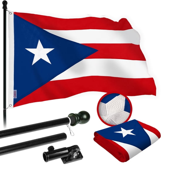 G128 Combo Pack: 5 Ft Tangle Free Spinning Flagpole (Black) & Puerto Rico Flag 2.5x4 Ft Embroidered 220GSM Spun Polyester, Brass Grommets (Flag Included) Aluminum Flag Pole