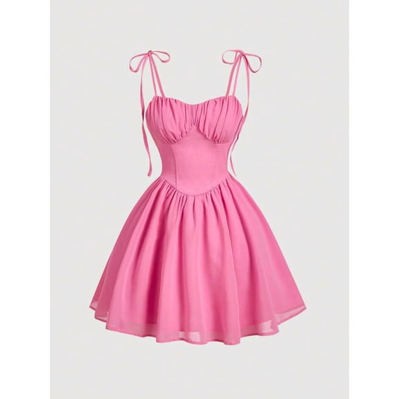 Hot Pink Solid Knot Shoulder Ruched Bust Milkmaid Cami Dress, A-Line Mini Dress For Women