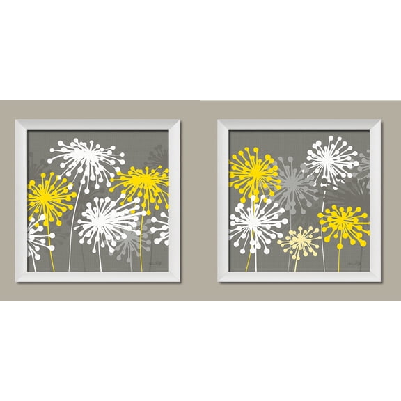 2 Gray, White and Yellow Dandelion Prints; Floral Decor; Two 12x12in White Framed Prints, Ready to Hang!