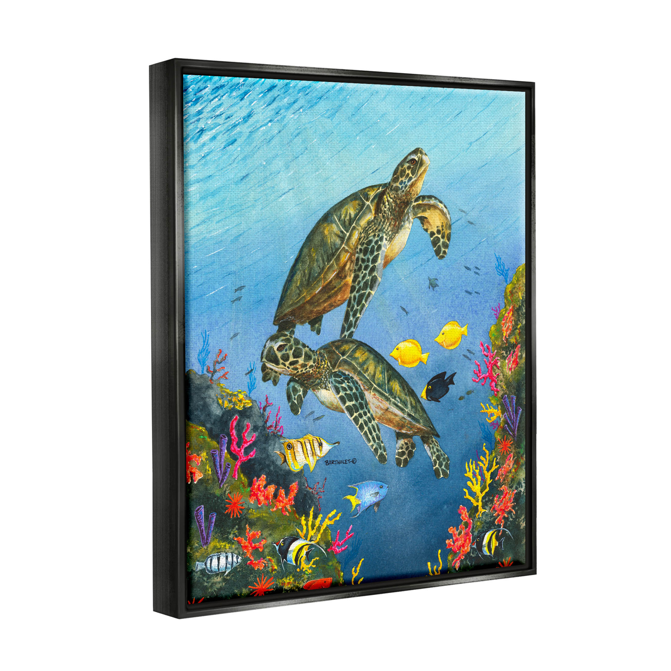 Sea Turtles Swimming Underwater Reef Animals & Insects Graphic Art Jet Black Framed Art Print Wall Art