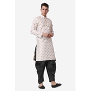 Royal Kurta Elegant Cream Jacquard Silk Printed Long Kurta and Black Salwar for Men