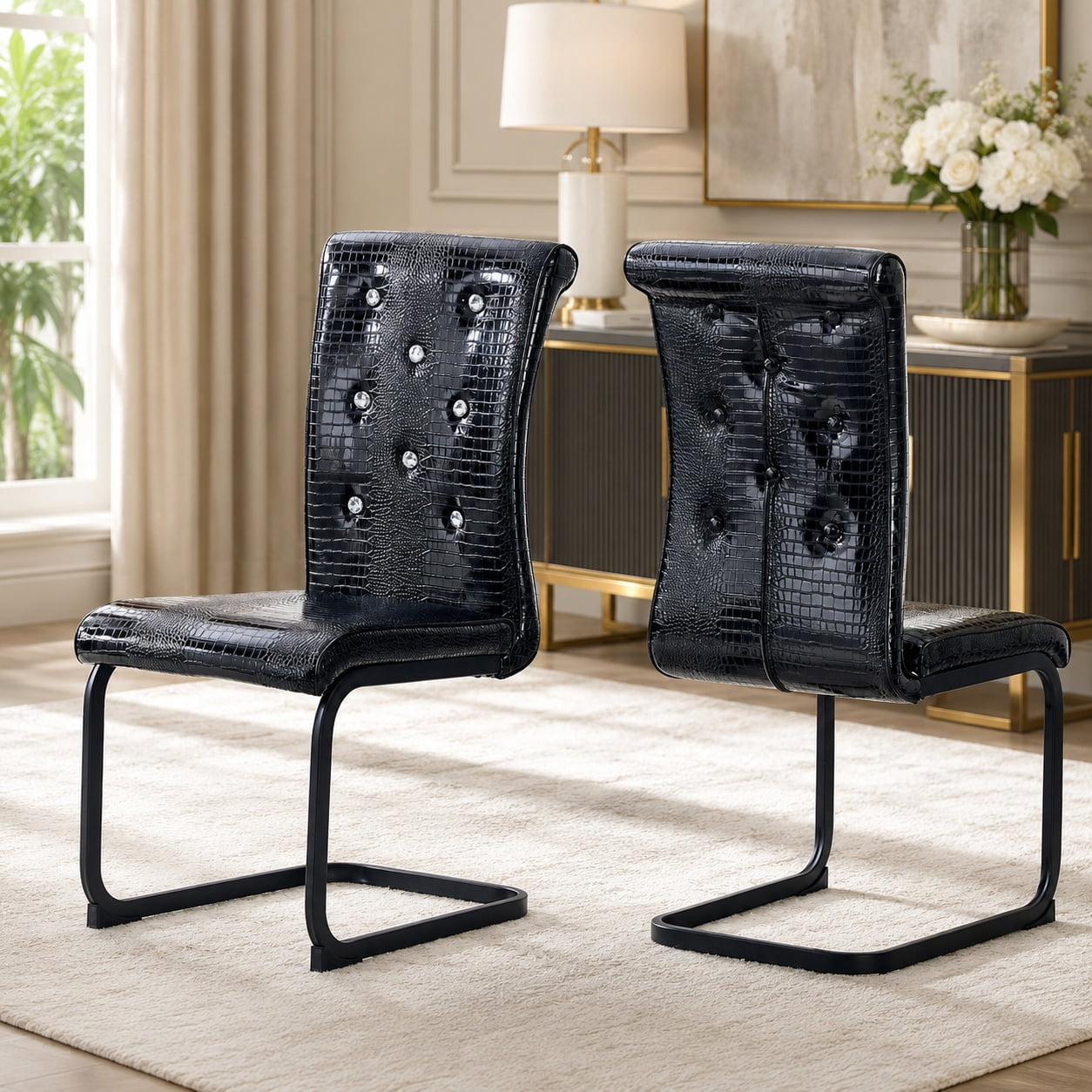 Aukfa Modern Dining Chairs Set of 2 , 400 lbs Heavy-Duty Faux Alligator Leather Kitchen Chairs with Crystal Button Tufted High Back,Black