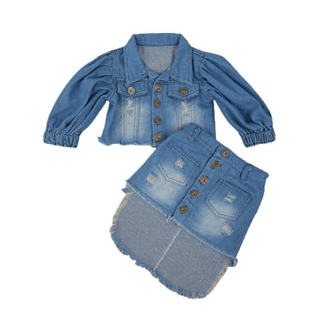 

Kiapeise Kids Two- piece Clothes Set Girls Blue Puff Sleeve Open Front Denim Jacket + Irregular Hem Skirt 1-6 Years