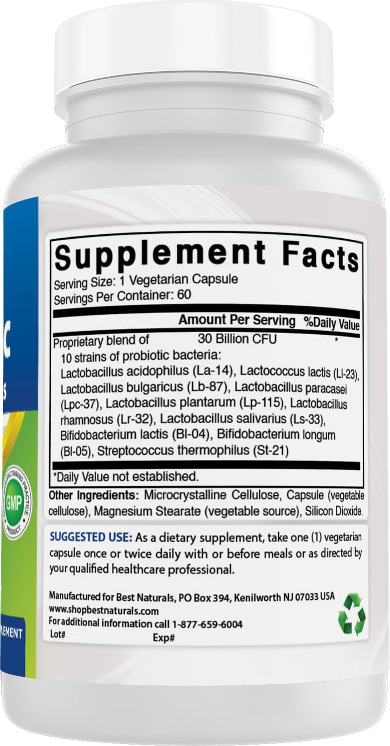 (2 pack) Best Naturals Probiotic 10 Strains & 30 Billion CFU Intestinal Flora 60 Vegetarian Capsules | Shelf Stable probiotic