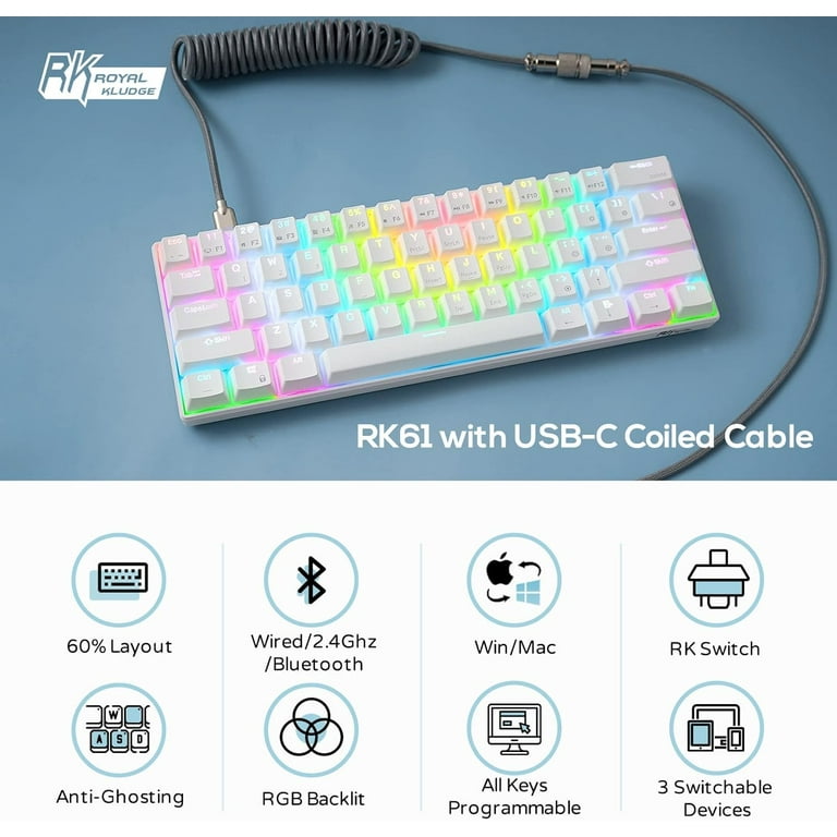 RK ROYAL KLUDGE RK61 60% Mechanical Keyboard with Coiled Cable, 2.4Ghz/ Bluetooth/Wired, Wireless Bluetooth Mini Keyboard 61 Keys, RGB Hot Swappable  Blue Switch Gaming Keyboard with Software - White Hot-Swappable Blue Switch  White 