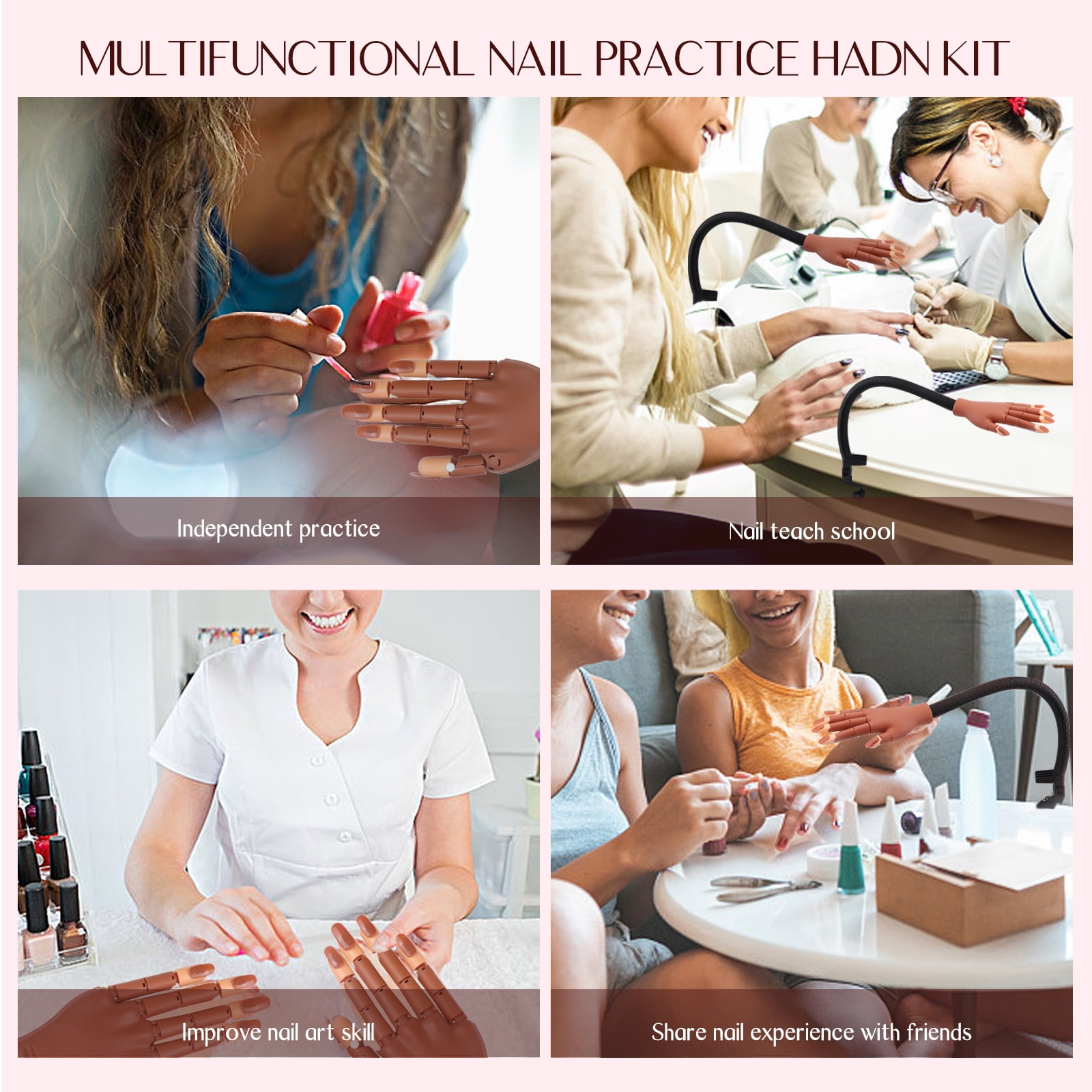 Saviland Practice Hand for Acrylic Nails, Flexible Moveable Fake Hands, Manicure Trainng Hand Nail Kit for Beginners, Movable Nail Maniquin Hand with 200PCS Nail Tips, Nail Glues, Brush and Clipper