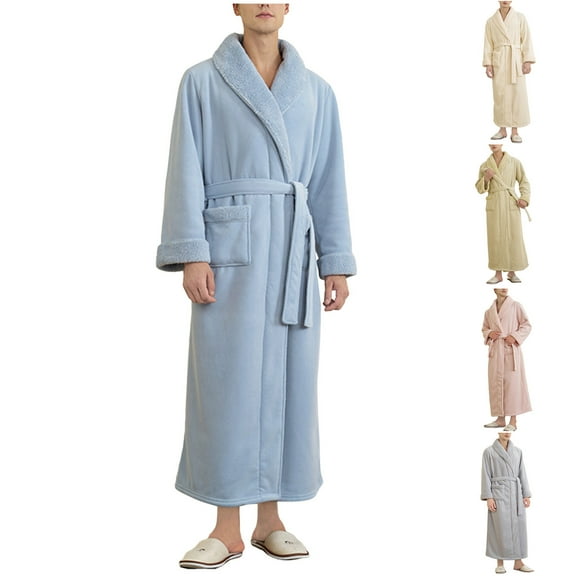 AnuYalue Men's Long Sleeve Sleepwear Fleece Lined Robe Fashion Flannel Bathrobe Solid Color Cardigan Pajamas