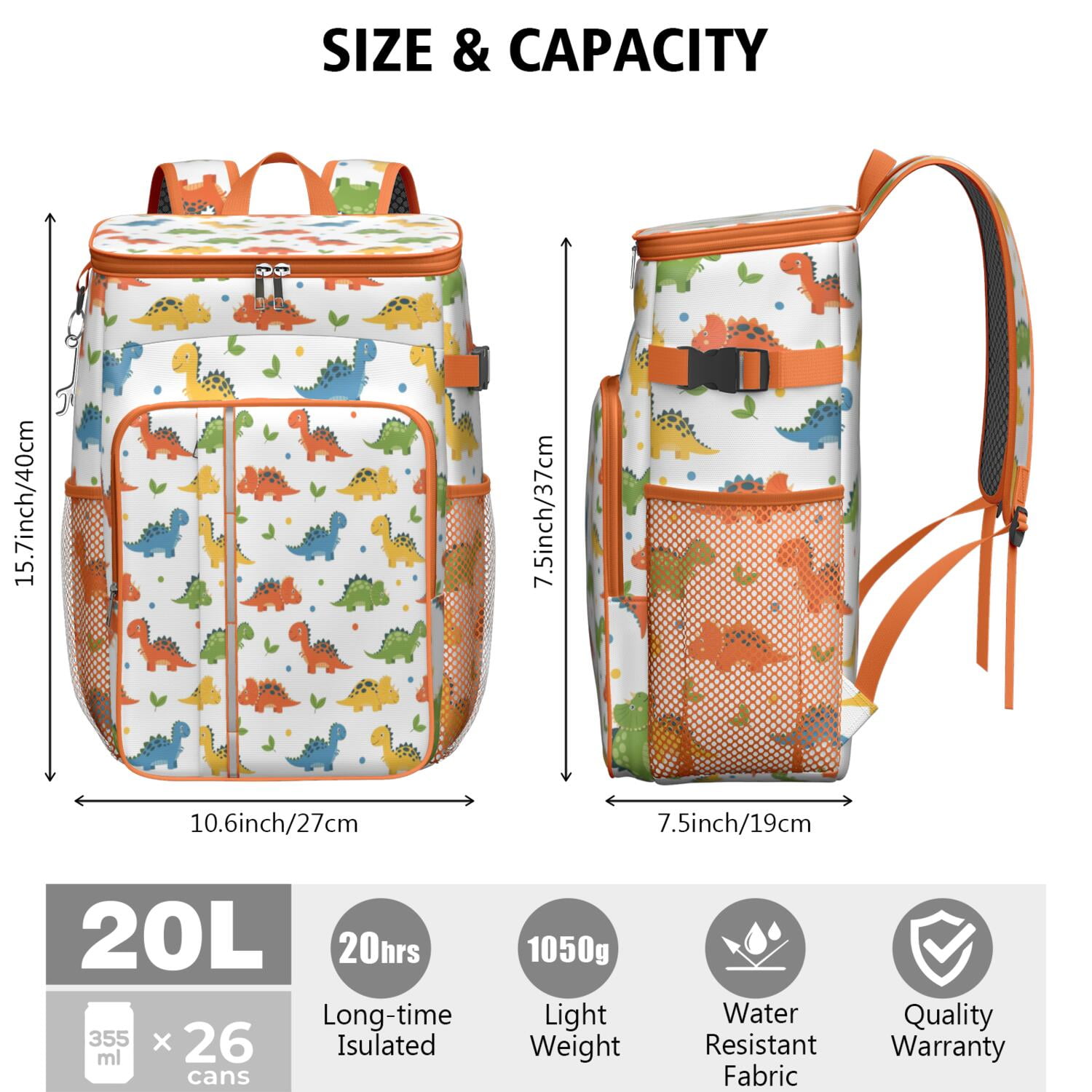 Travel Cooler Bag - White Cartoon Dinosaurs Leaves Pattern Camping Beer Cooler Backpack with Bottle Opener- Waterproof Insulated Picnic Backpacks - Cooler Bag for Beach