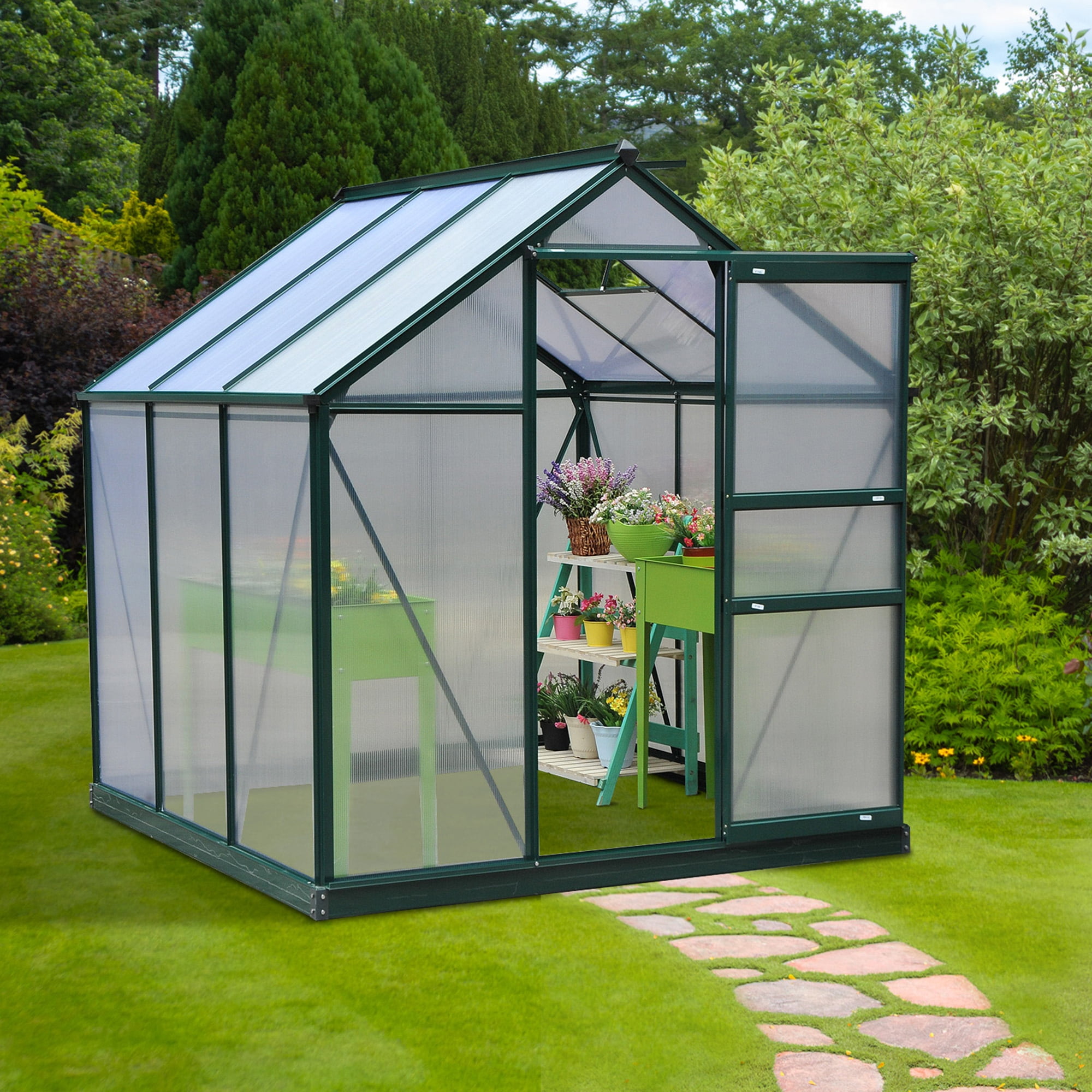 Homiyad Walk In Greenhouse 6' X 6' X 7' Aluminum Polycarbonate Portable Garden Greenhouse With Rooftop Vent & UV-Resistant Walls Dark Green