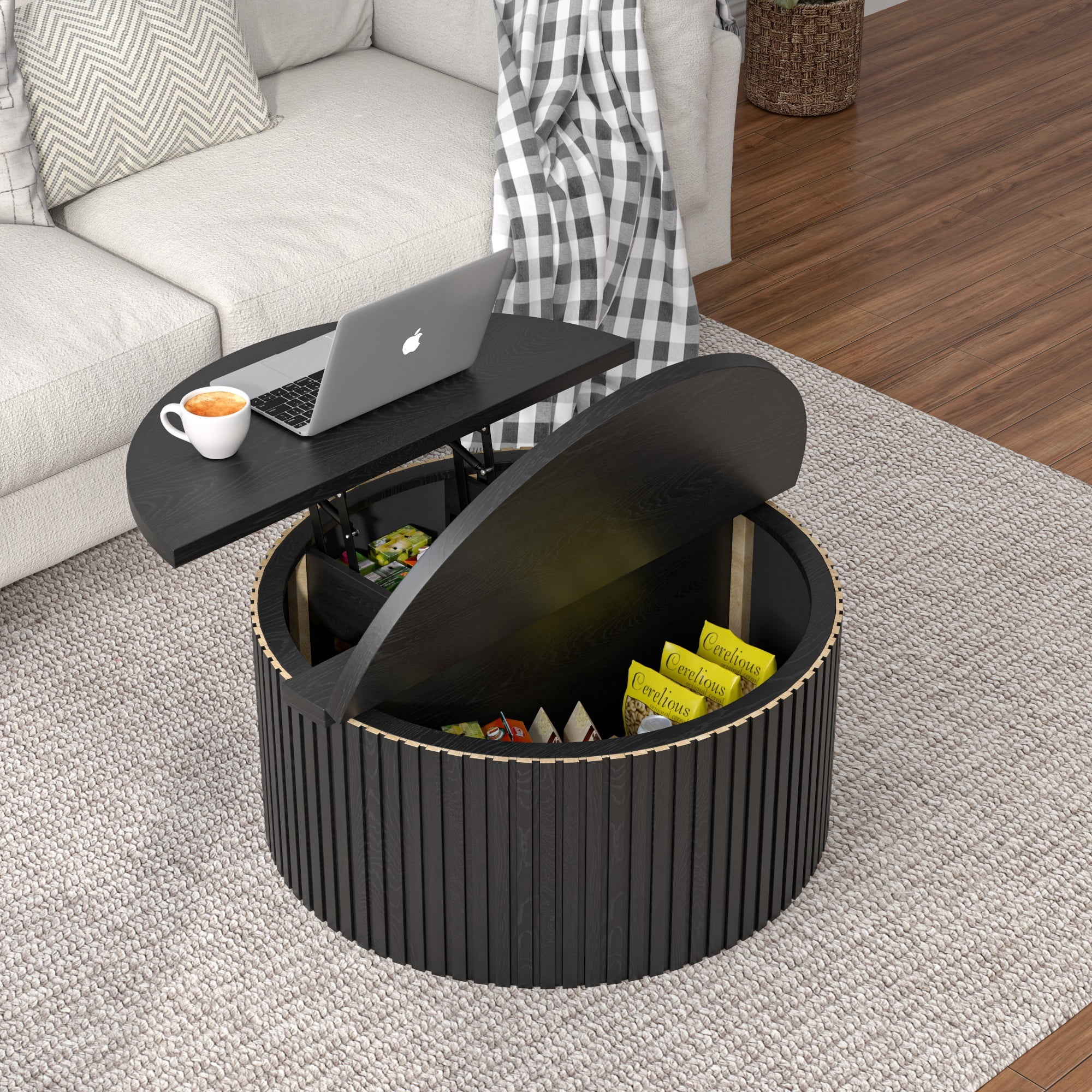 Round Lift Top Coffee Table with Storage Farmhouse Center Table with Hidden Compartment Circle Sofa Table for Living Room Black