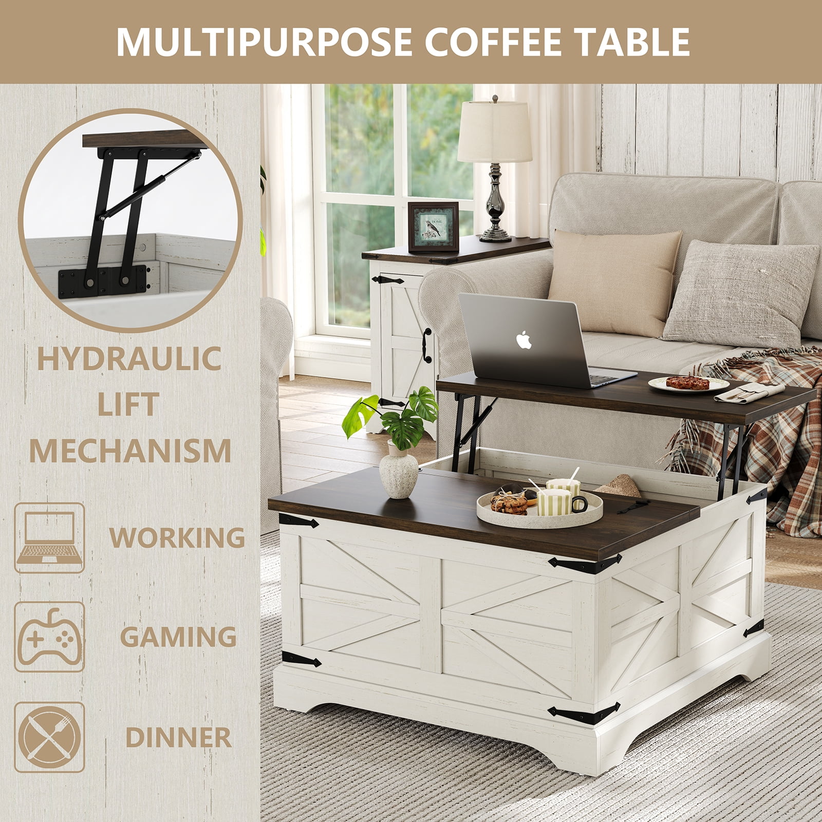 Furnihold Farmhouse Lift Top Coffee Table, Square Wood Center Table with Large Hidden Storage Compartment for Living Room, Rustic Cocktail White Modern Table with Hinged Lift Top, Brown Top
