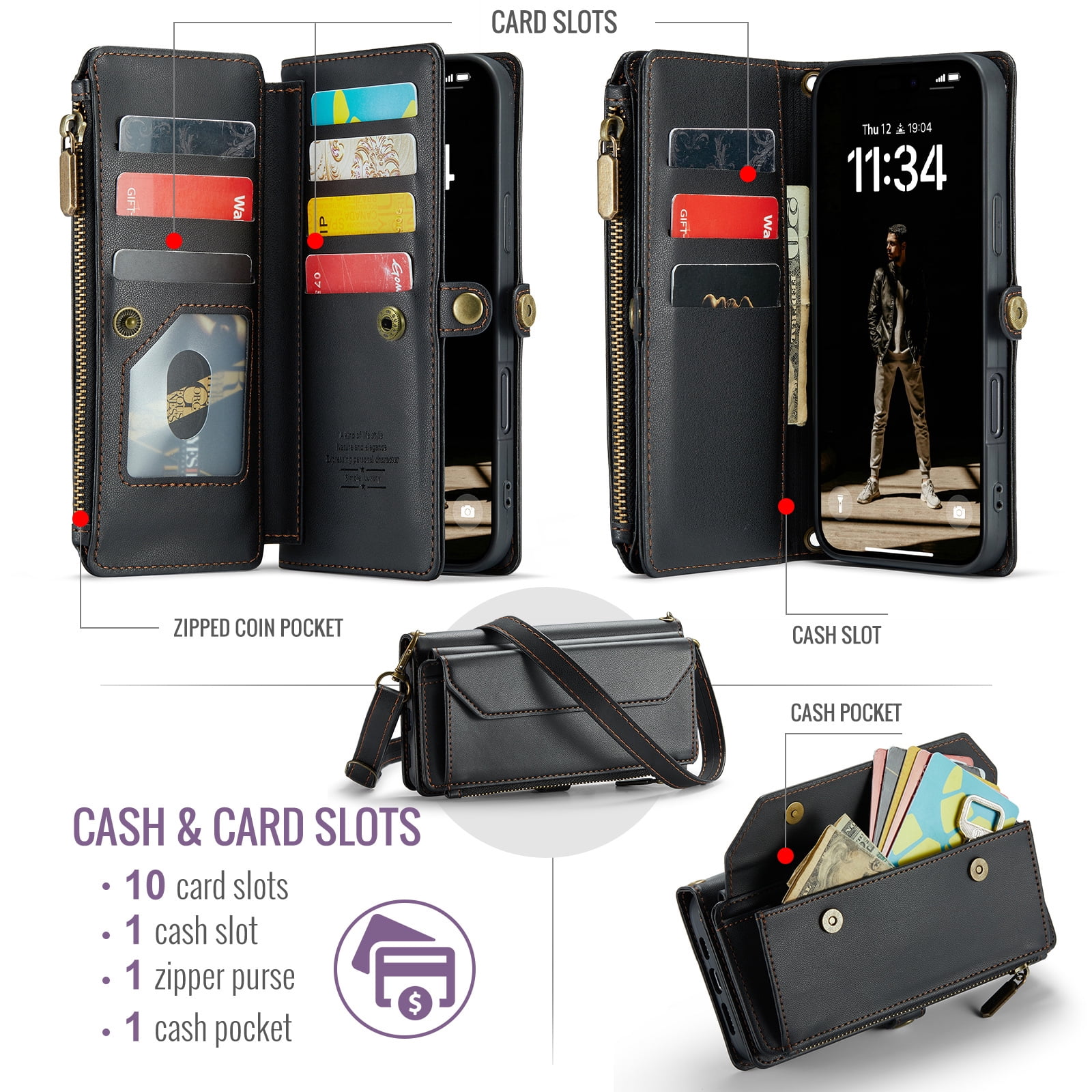 Asuwish Compatible with iPhone 17 Air 6.5 inch Zipper Wallet Phone Case Tempered Glass Screen Protector Crossbody Lanyard Strap Flip Card Holder Slot Cell Cover for i Phone17Air 17Case Women Black