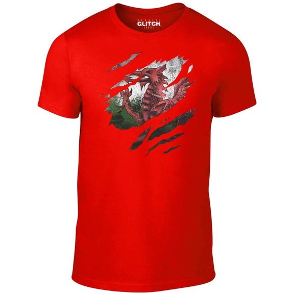 Reality Glitch Torn Wales Flag T-Shirt Welsh Supporter Rugby Football Graphic Tee