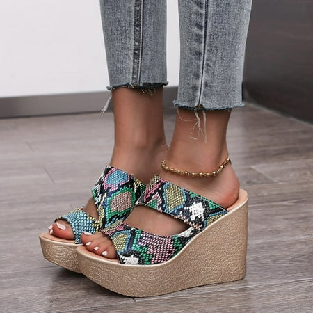 

NEGJ Women s Fashion Snake Print Hollow Color Matching Fish Mouth Slope Sandals