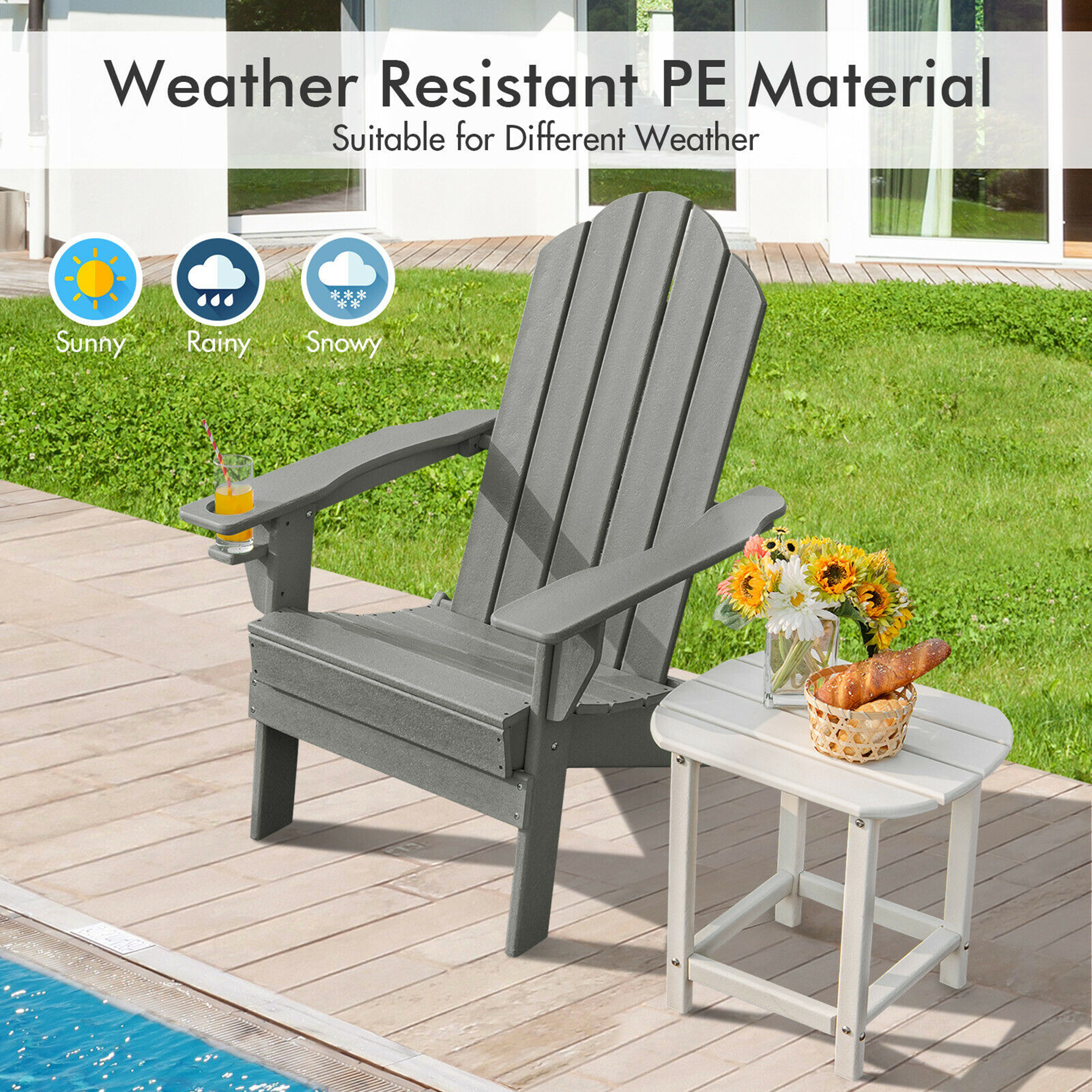 Gymax Grey 2PCS Patio Folding Adirondack Chair Weather Resistant Cup Holder Yard