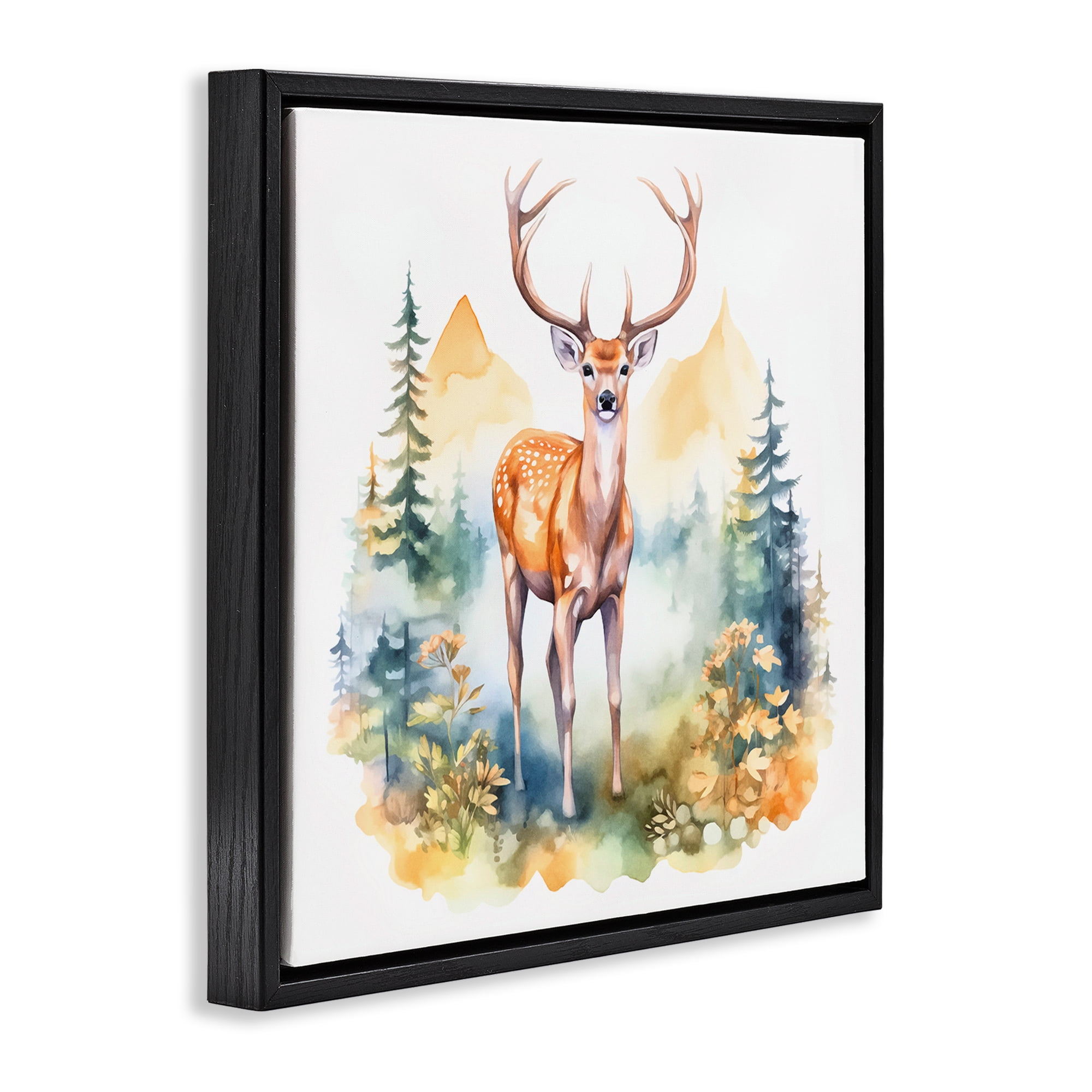 Stupell Industries Wild Deer with Mountains Animals Painting Black Floater Framed Canvas Art Print Wall Art, 25 x 25