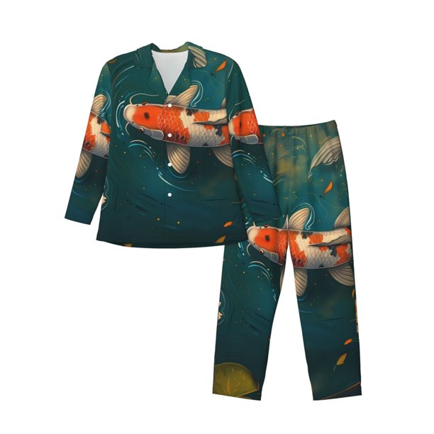 Fotbe Koi Pond Lilies Pijama de Hombre con Estampado de Manga Larga, Conjunto de 2 Piezas, Ropa de Dormir Suave y Cómoda con Bolsillos-X-Large
