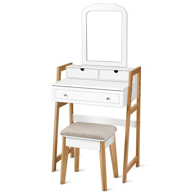 Patiojoy Vanity Mirror Beauty Dressing Table Set w/ Cushioned Seat Modern White