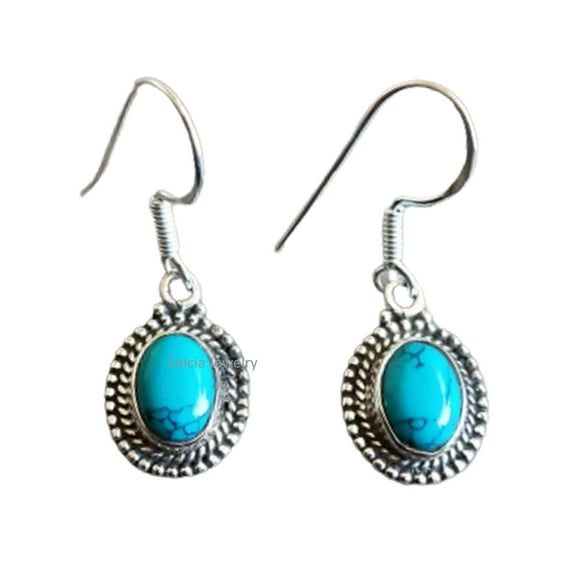 Real 925 Sterling Silver Dangle Drop Earrings For Women, Natural Blue Turquoise Cabochon Oval Gemstone Amazing December Birthstone Gifts