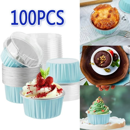 

Dessert Cups with Lids 100Pcs Blue Aluminum Foil Baking Cups Holders Cupcake Bake Utility Ramekin Clear Pudding Cups