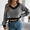 thumbnail image 2 of JYnXIANTI Oversized Sweaters for Women Trendy Color Block Crew Neck Lantern Sleeve Cropped Sweaters Casual Loose Knitted Tops, 2 of 7