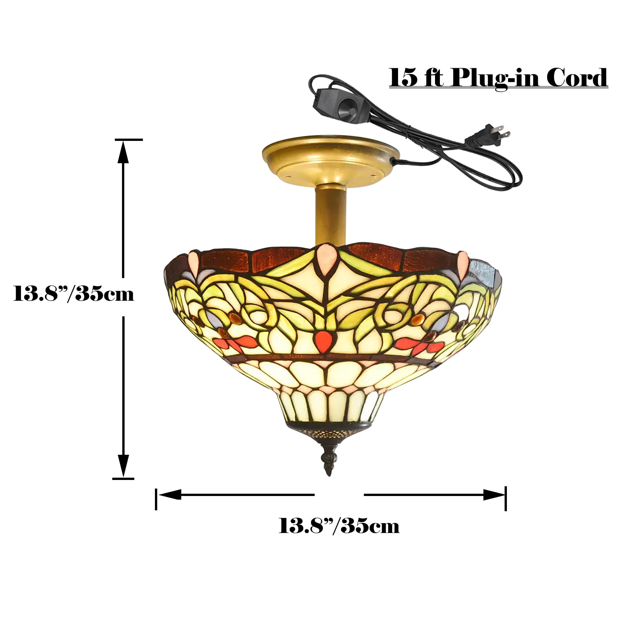 Kiven 13.8in Plug-in Flush Mount Ceiling Light Fixture, 3-Light Anti Glare Close to Ceiling Light with 15FT Cord, Tiffany-Style Glass Chandelier Dimmable for Bedroom Kitchen Hallway(No.3211)