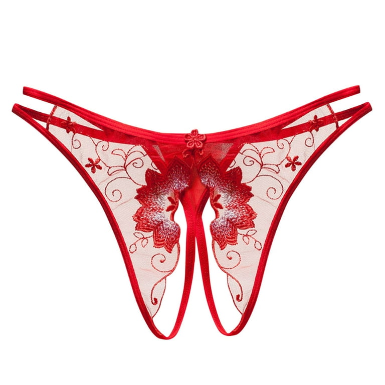 MRULIC panties for women Women Low Waist Flower Embroidery Hollow Out  Transparent Mesh Thong Open Crotch Underwear Red + One size