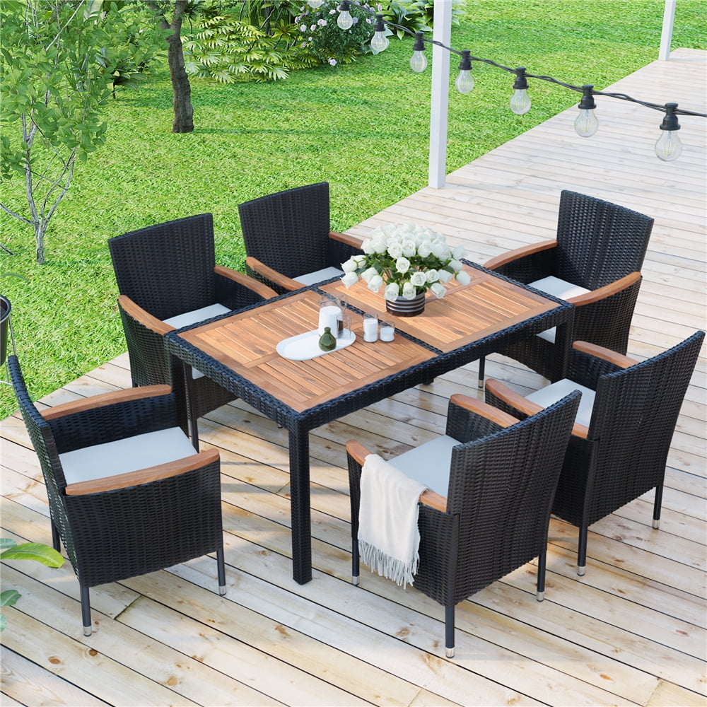 7 Piece Outdoor Patio Furniture Set, 6 Rattan Patio Chairs with Dining