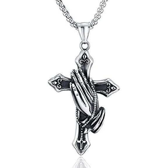 Miora Religious Praying Hands Cross Pendant Necklace, Antique Silver 316L Stainless Steel Statement Jewelry for Men