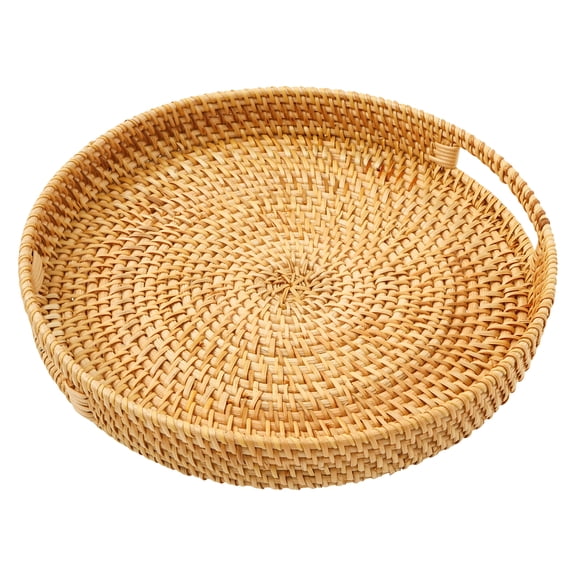 LINFANG Round Coffee Table Tray with Built in Handles Handwoven Rattan Ottoman Tray for Coffee Table Fruit Remote Controls Keys 30x30x5cm