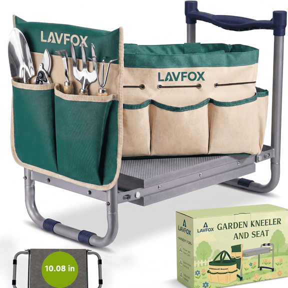 LAVFOX 2-in-1 Heavy Duty Garden Kneeler Stool, Foldable Bench Seat with Wider EVA Pad and Tool Bag