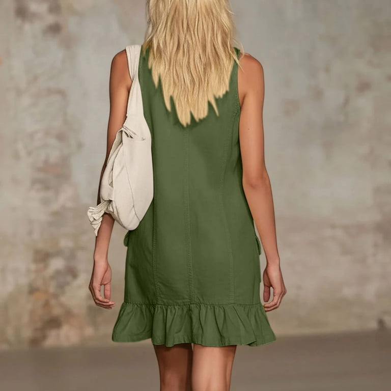 Xaqiouau Mini Dresses for Women Solid Cotton Spaghetti Strap V Neck Button Front Cargo Pockets Ruffle Hem Casual Beach Dress Army Green XXL
