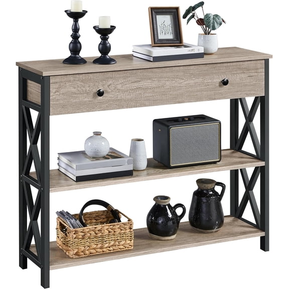 Entryway table with drawers and a three-tier shelf; a slim grey console table suitable for the entryway, living room, hallway, beside the sofa, or in the kitchen.
