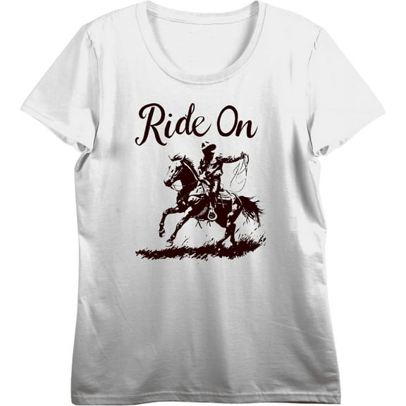 Cowboy "Ride On" Women's Vivid White Crew Neck Short Sleeve Top-Medium