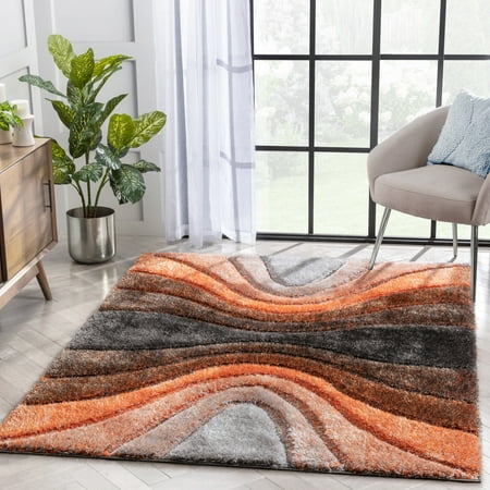 Well Woven San Francisco Luz Modern Geometric 3D Textured High-Low Shag Grey Orange 2'3" x 7'3" Runner Rug