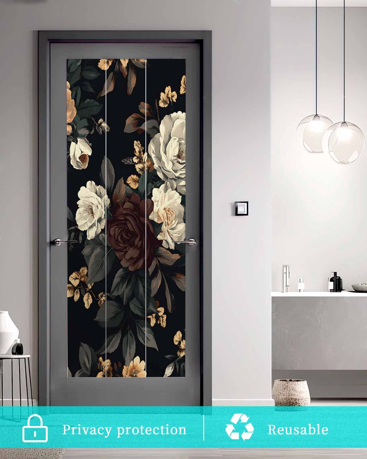Window Privacy Film Vintage Black Floral Stained Glass Window Film Decorative Sun Block Window Cover Spring Seasonal Botanical Blooms Window Clings Static Adhesive Sticker for Bathroom 35.4"x78.7"