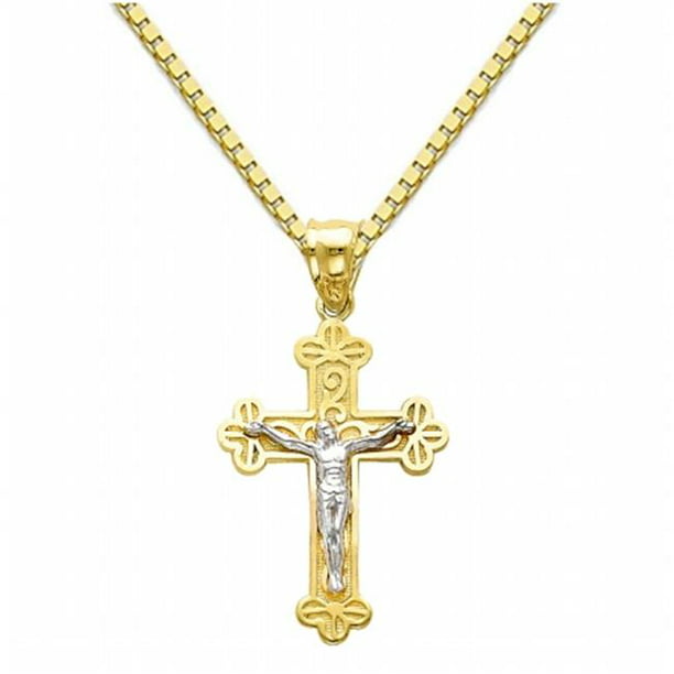 Jewelry 14k Two-tone Gold Jesus Crucifix Cross Pendant with 1-mm Box Chain  (16-inch)