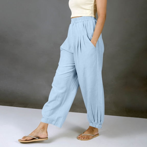 Mifsaly Womens Cotton Linen Harem Pants Casual Loose Hippie Boho Trousers Elastic Waist Summer Pant Lightweight Loose Office Travel Vacation Clothes with Pockets Light Blue,S