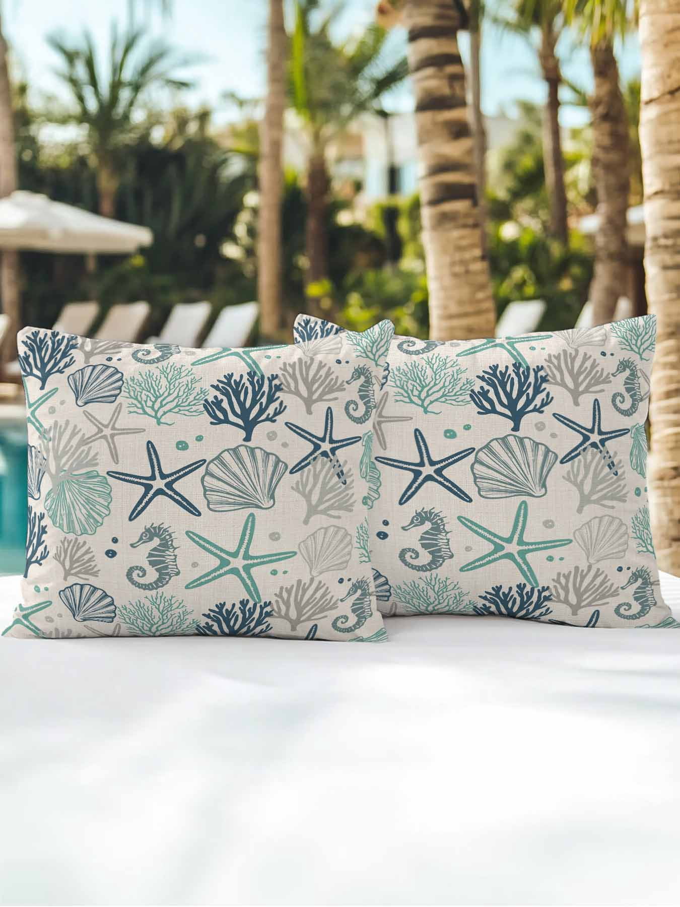 Waterproof Outdoor Throw Pillows with Inserts 16"x16" Set of 2,Blue Teal Coastal Soft Decorative Pillowcases for Bedroom,Summer Beach Starfish Coral Nautical Rustic Pillow Covers for Sofa Living Room