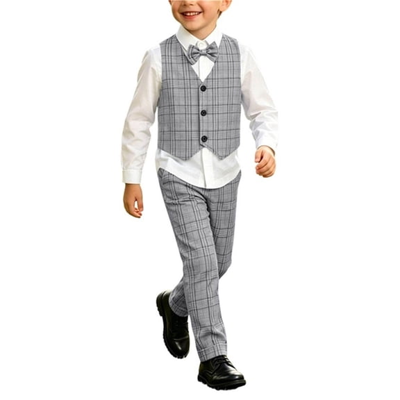 Odeerbi Toddler Boys 4 PCS Plaid Gentleman Formal Suit Dress Shirt Suit Pants Waistcoat Hat Wedding Outfits Set