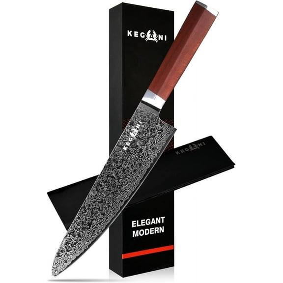 KEGANI 8" Damascus Chef Knife - Japanese 73 Layers VG-10 Damascus Knife - Rosewood FullTang Handle Natural Texture Japanese Knife